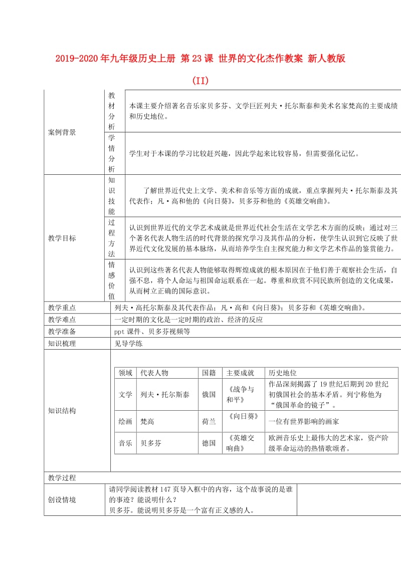 2019-2020年九年级历史上册 第23课 世界的文化杰作教案 新人教版 (II).doc_第1页