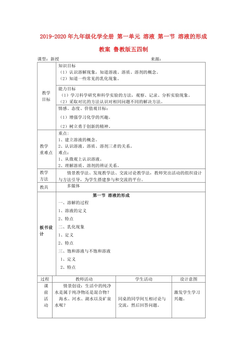 2019-2020年九年级化学全册 第一单元 溶液 第一节 溶液的形成教案 鲁教版五四制.doc_第1页