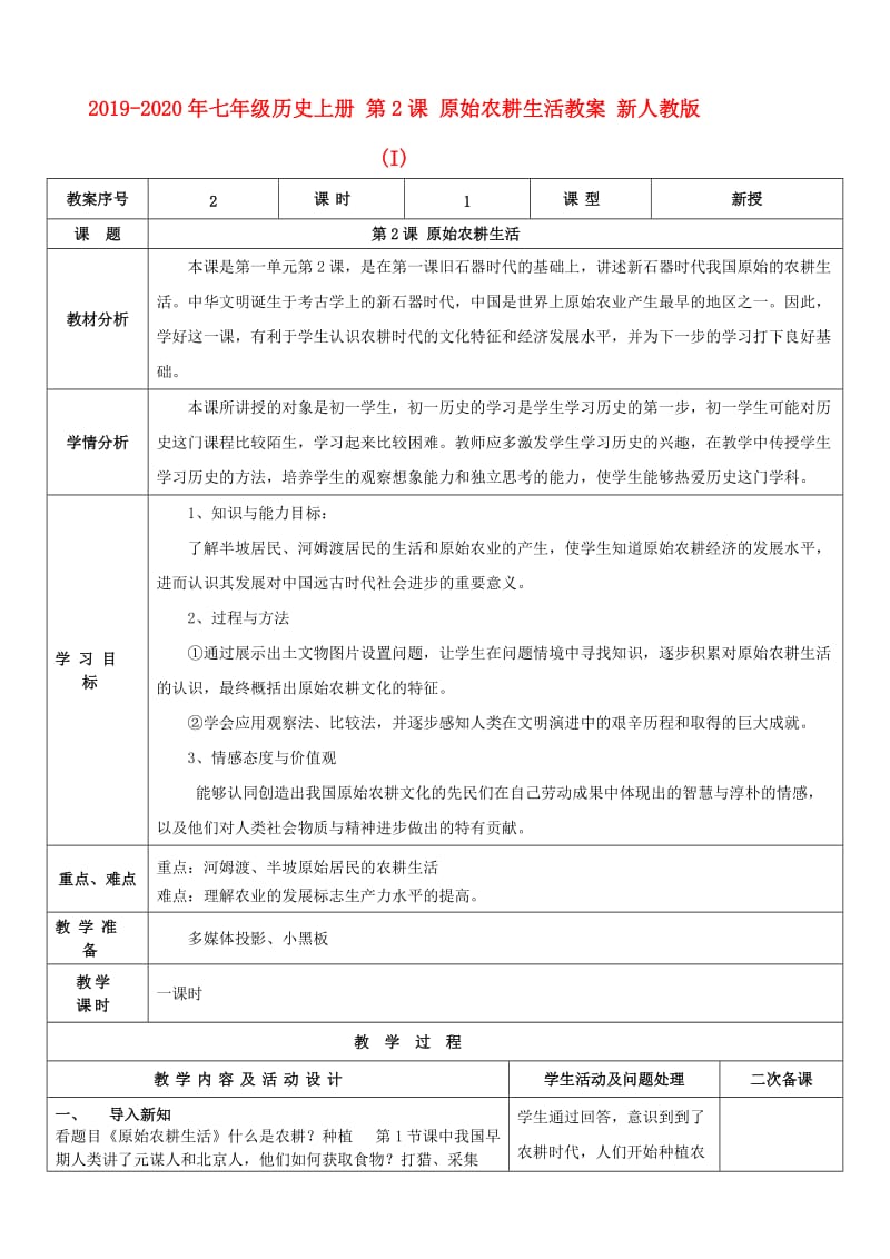 2019-2020年七年级历史上册 第2课 原始农耕生活教案 新人教版 (I).doc_第1页