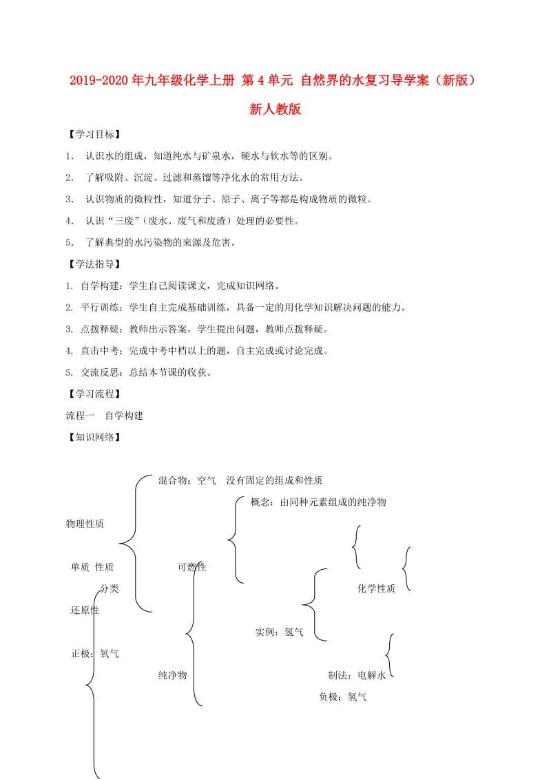 2019-2020年九年级化学上册 第4单元 自然界的水复习导学案（新版）新人教版.doc_第1页