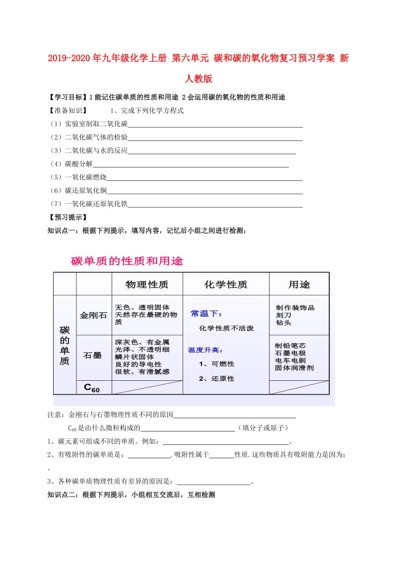 2019-2020年九年级化学上册 第六单元 碳和碳的氧化物复习预习学案 新人教版.doc_第1页