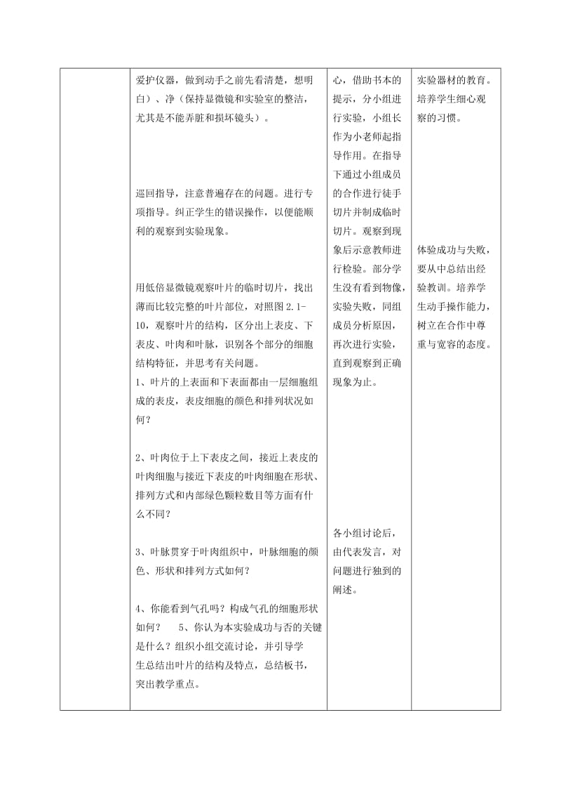 2019-2020年七年级生物上册 第2单元 第1章 第2节 蒸腾作用之观察叶片结构实验教学案（新版）济南版.doc_第3页