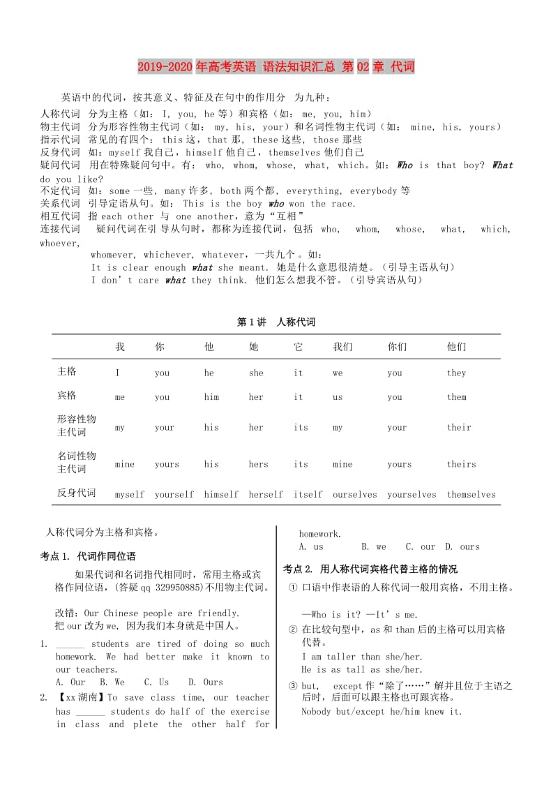 2019-2020年高考英语 语法知识汇总 第02章 代词.doc_第1页