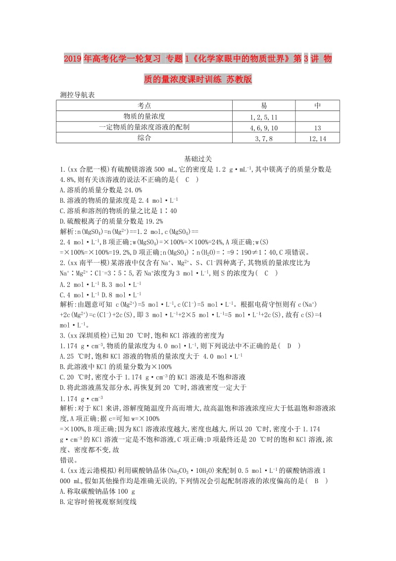 2019年高考化学一轮复习 专题1《化学家眼中的物质世界》第3讲 物质的量浓度课时训练 苏教版.doc_第1页