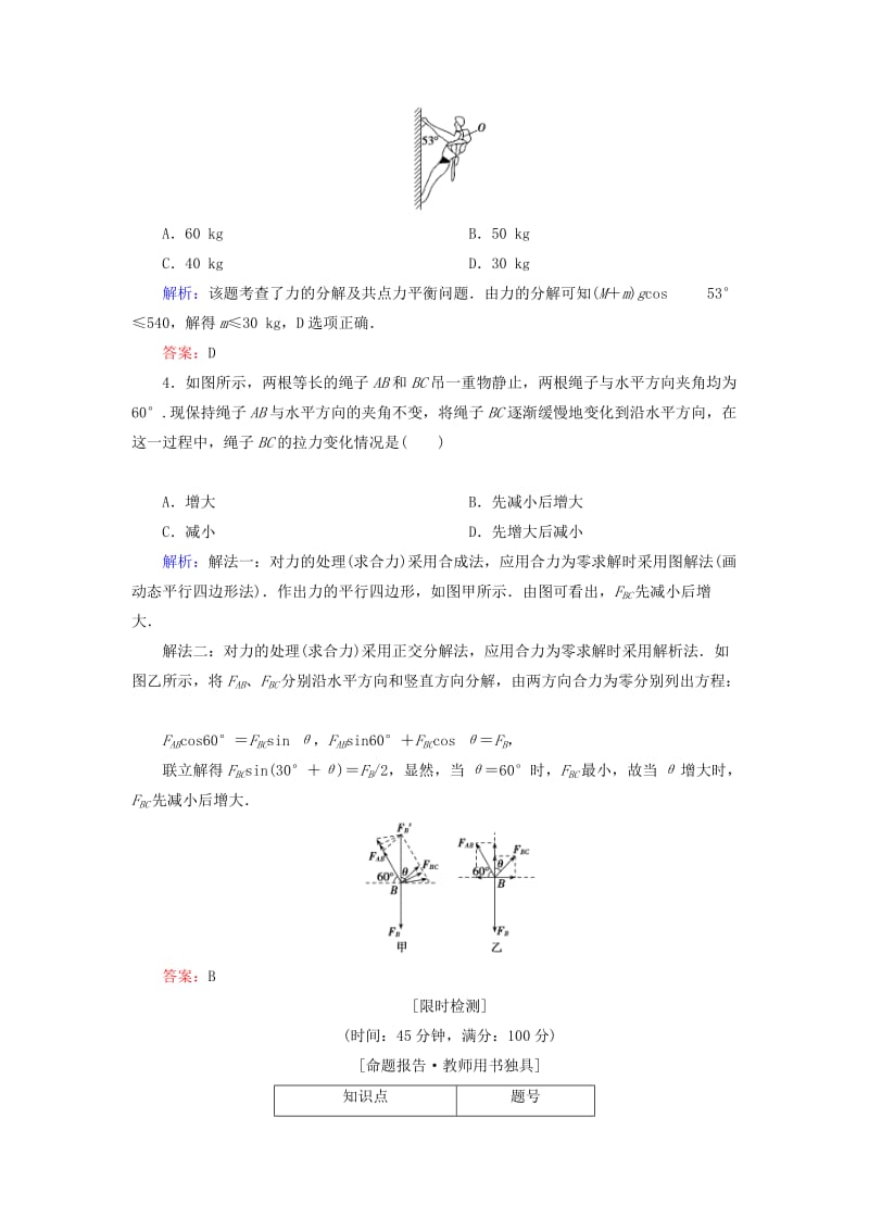 2019-2020年高考物理一轮复习 2.3受力分析 共点力的平衡知能检测.doc_第2页