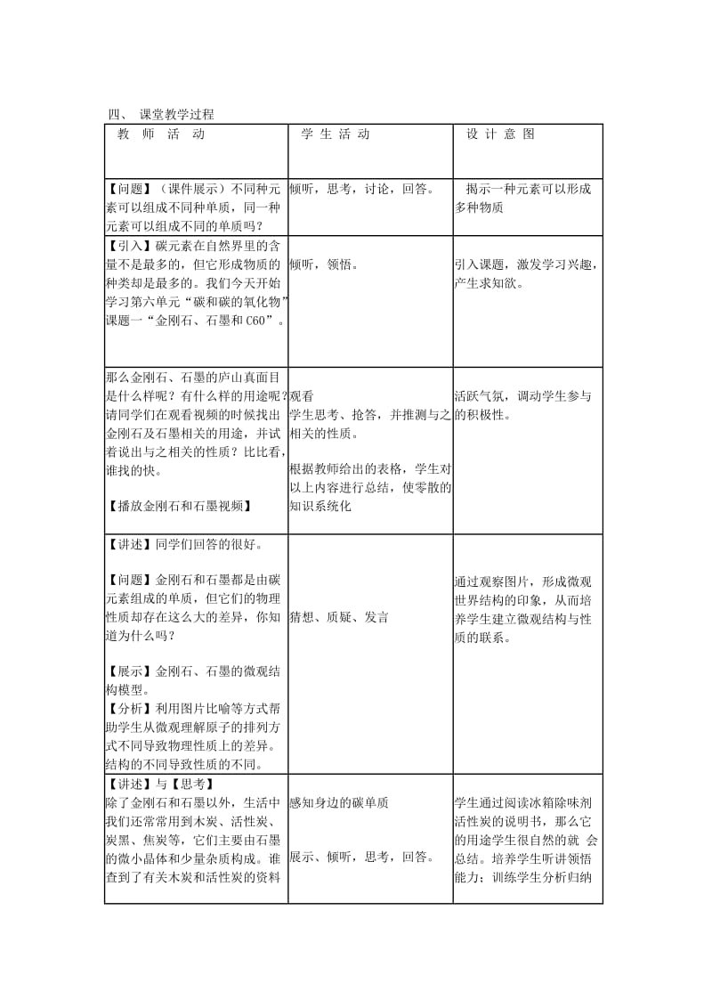 2019-2020年九年级化学上册 6.1 金刚石、石墨和C60教学设计 （新版）新人教版.doc_第2页