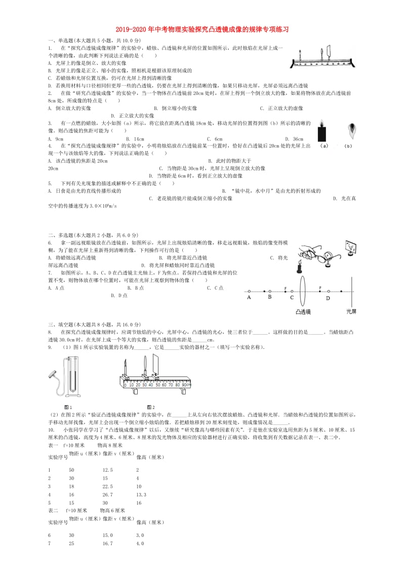 2019-2020年中考物理实验探究凸透镜成像的规律专项练习.doc_第1页