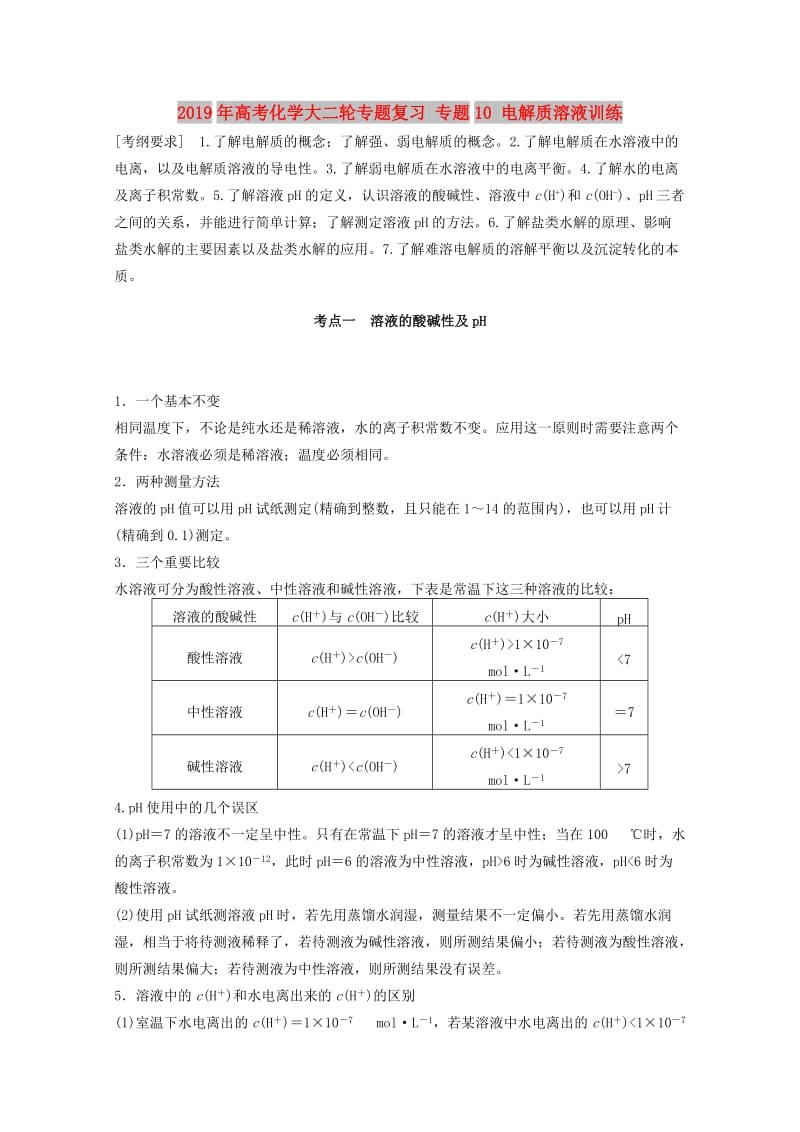 2019年高考化学大二轮专题复习 专题10 电解质溶液训练.doc_第1页