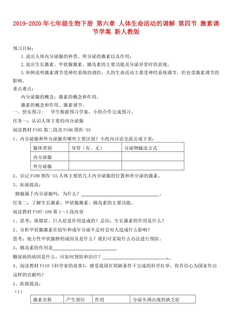 2019-2020年七年级生物下册 第六章 人体生命活动的调解 第四节 激素调节学案 新人教版.doc_第1页