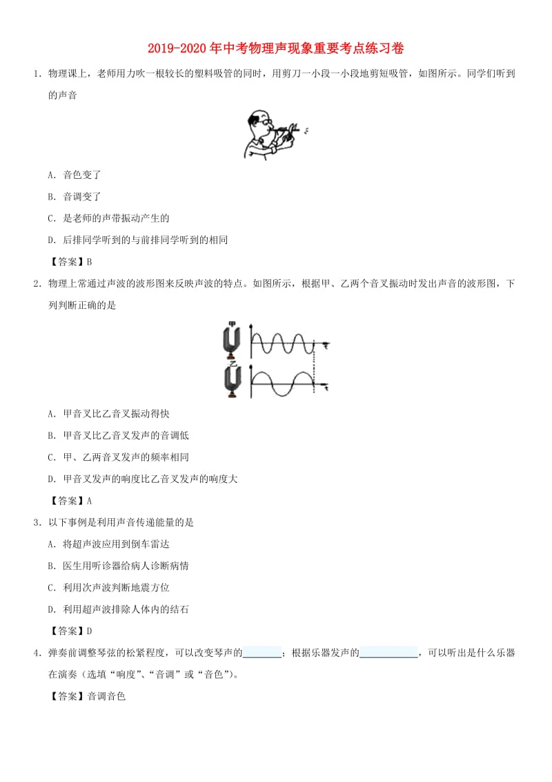 2019-2020年中考物理声现象重要考点练习卷.doc_第1页