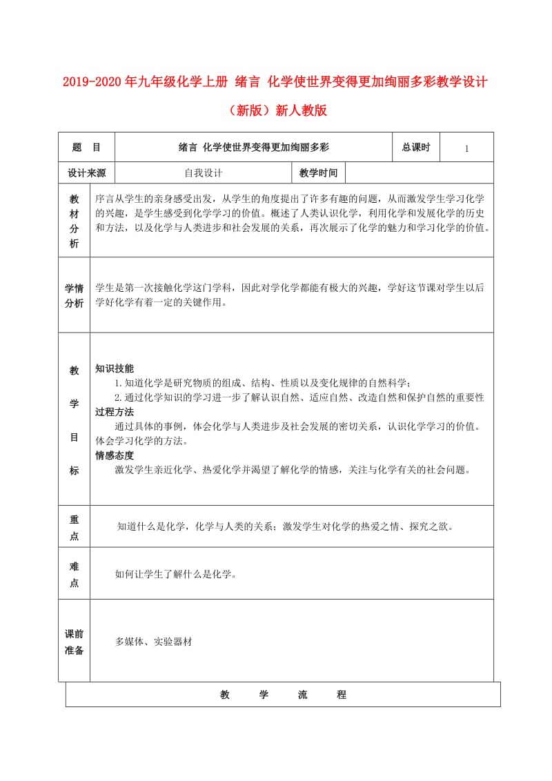 2019-2020年九年级化学上册 绪言 化学使世界变得更加绚丽多彩教学设计 （新版）新人教版.doc_第1页