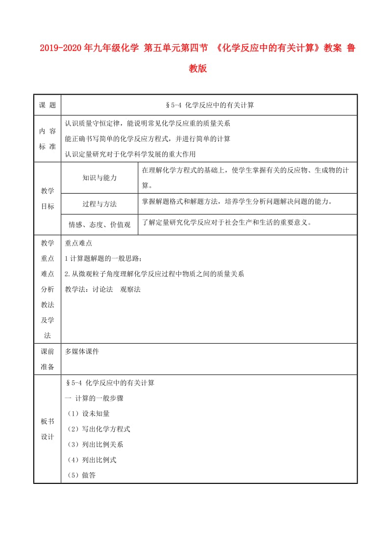 2019-2020年九年级化学 第五单元第四节 《化学反应中的有关计算》教案 鲁教版.doc_第1页