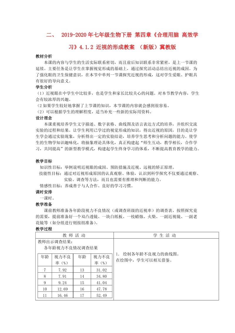 2019-2020年七年级生物下册 第四章《合理用脑 高效学习》4.1.2 近视的形成教案 （新版）冀教版.doc_第1页