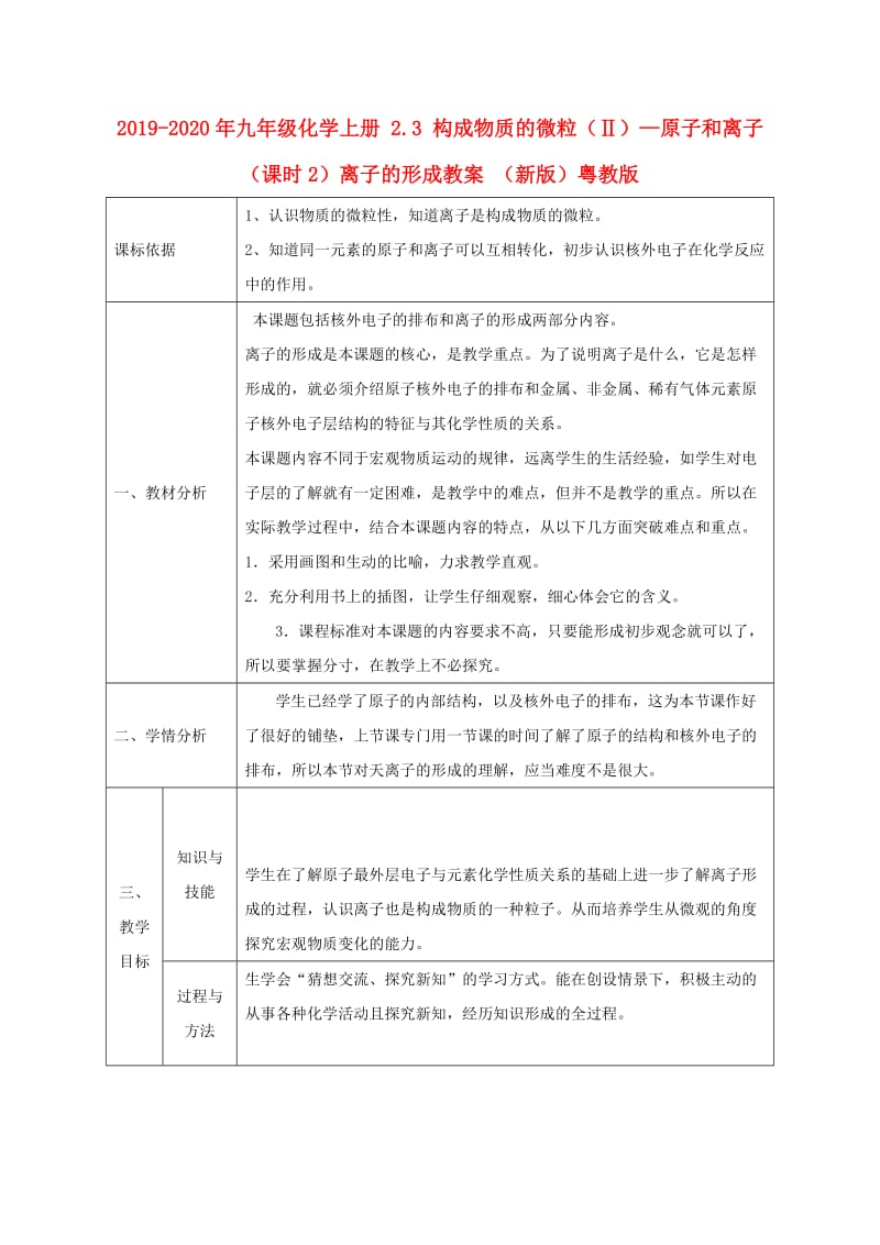 2019-2020年九年级化学上册 2.3 构成物质的微粒（Ⅱ）—原子和离子（课时2）离子的形成教案 （新版）粤教版.doc_第1页