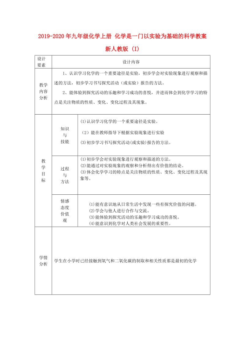 2019-2020年九年级化学上册 化学是一门以实验为基础的科学教案 新人教版 (I).doc_第1页