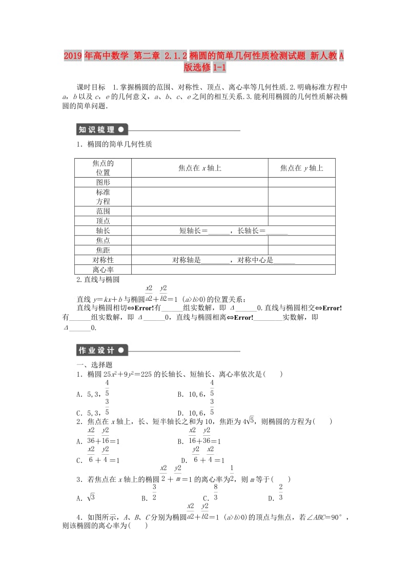 2019年高中数学 第二章 2.1.2椭圆的简单几何性质检测试题 新人教A版选修1-1.doc_第1页