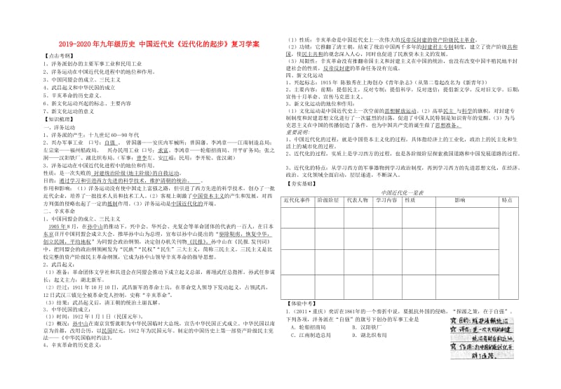 2019-2020年九年级历史 中国近代史《近代化的起步》复习学案.doc_第1页