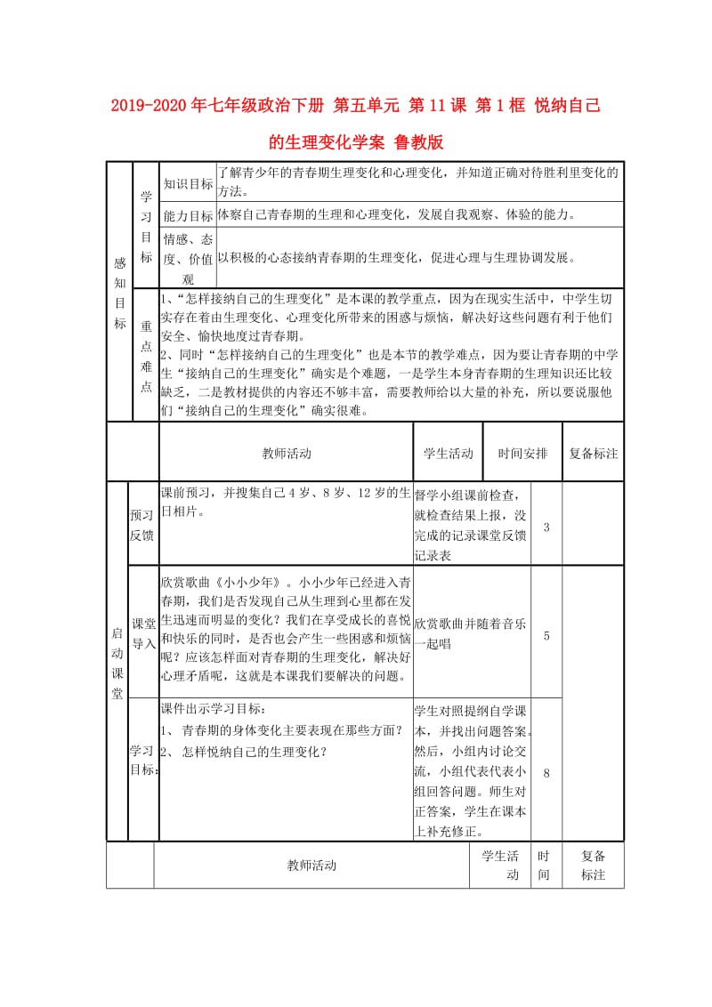 2019-2020年七年级政治下册 第五单元 第11课 第1框 悦纳自己的生理变化学案 鲁教版.doc_第1页