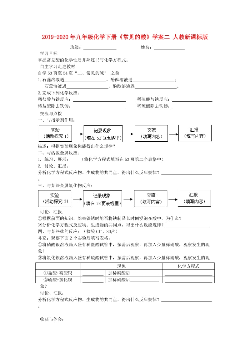 2019-2020年九年级化学下册《常见的酸》学案二 人教新课标版.doc_第1页