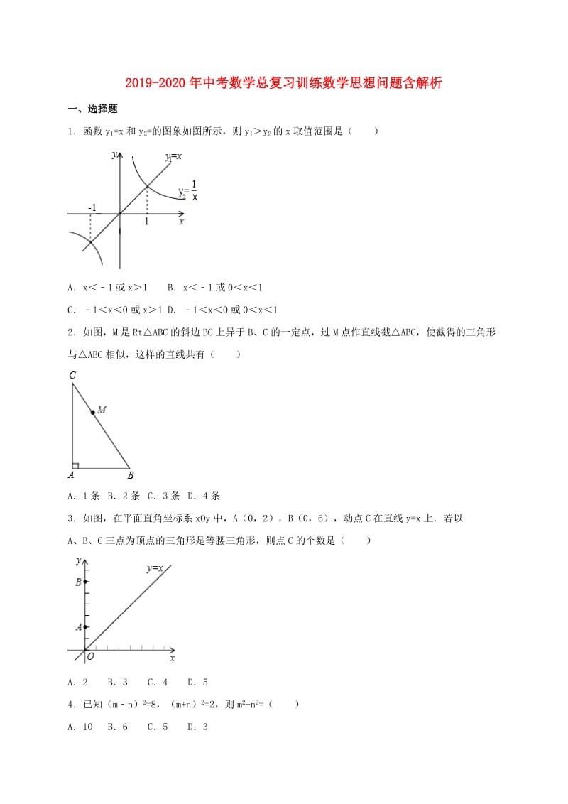 2019-2020年中考数学总复习训练数学思想问题含解析.doc_第1页