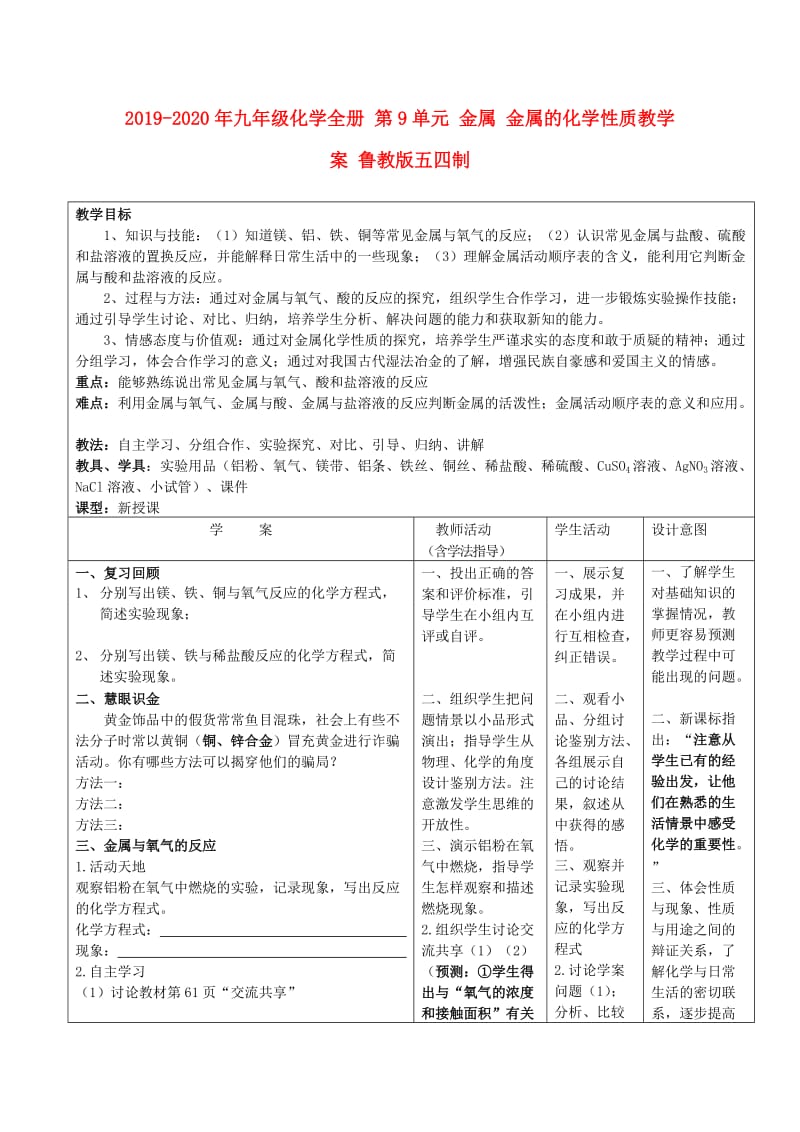 2019-2020年九年级化学全册 第9单元 金属 金属的化学性质教学案 鲁教版五四制.doc_第1页