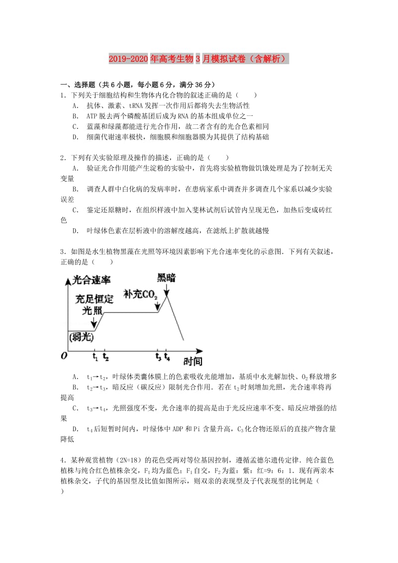 2019-2020年高考生物3月模拟试卷（含解析）.doc_第1页