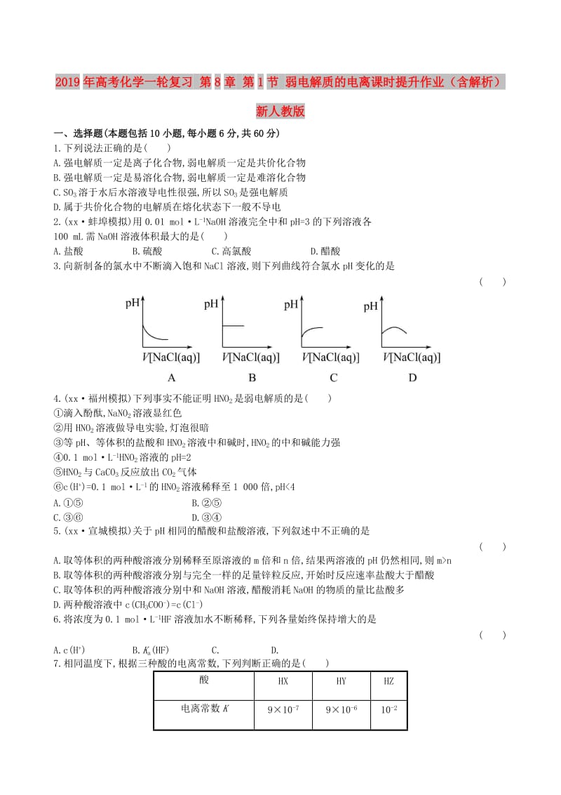 2019年高考化学一轮复习 第8章 第1节 弱电解质的电离课时提升作业（含解析）新人教版.doc_第1页