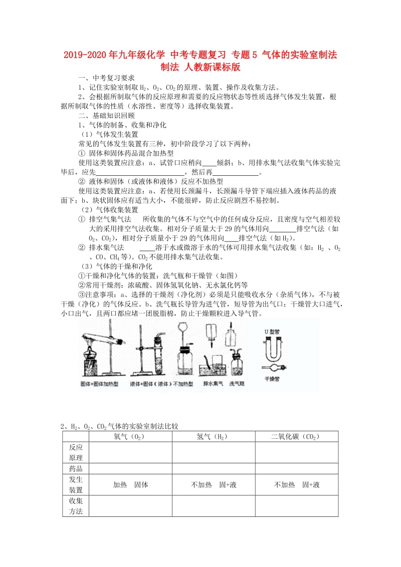 2019-2020年九年级化学 中考专题复习 专题5 气体的实验室制法制法 人教新课标版.doc_第1页