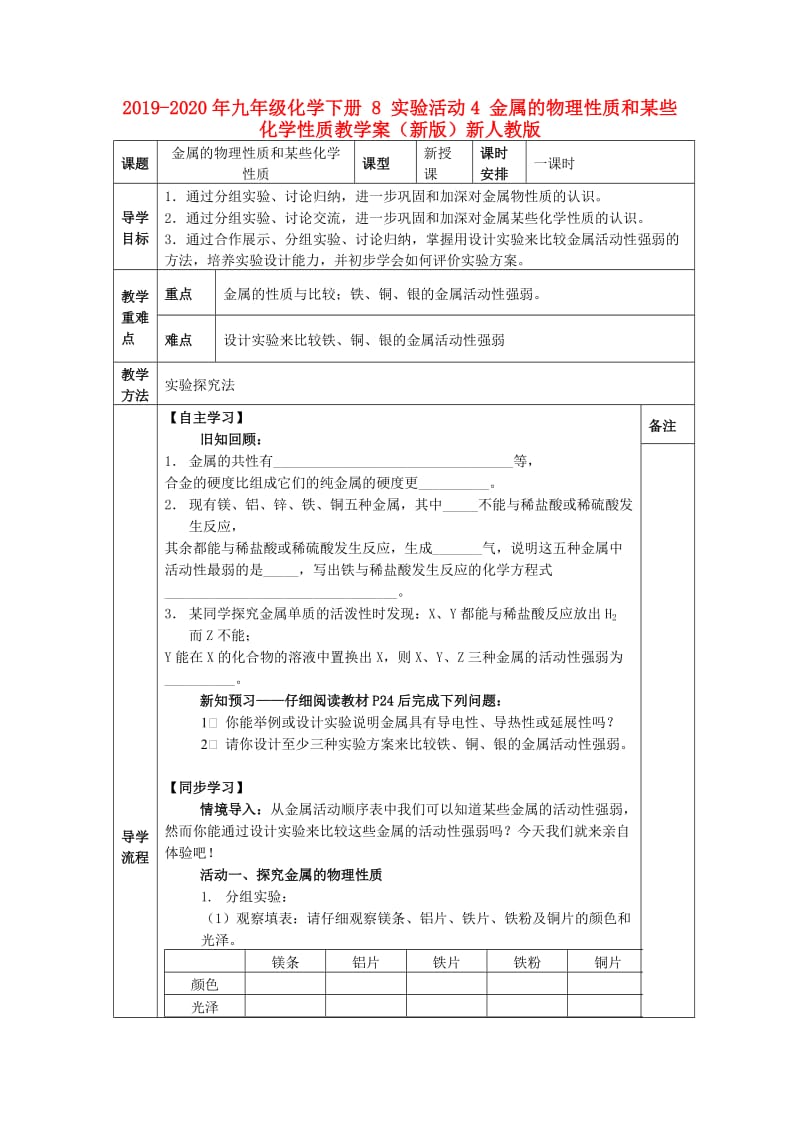 2019-2020年九年级化学下册 8 实验活动4 金属的物理性质和某些化学性质教学案（新版）新人教版.doc_第1页