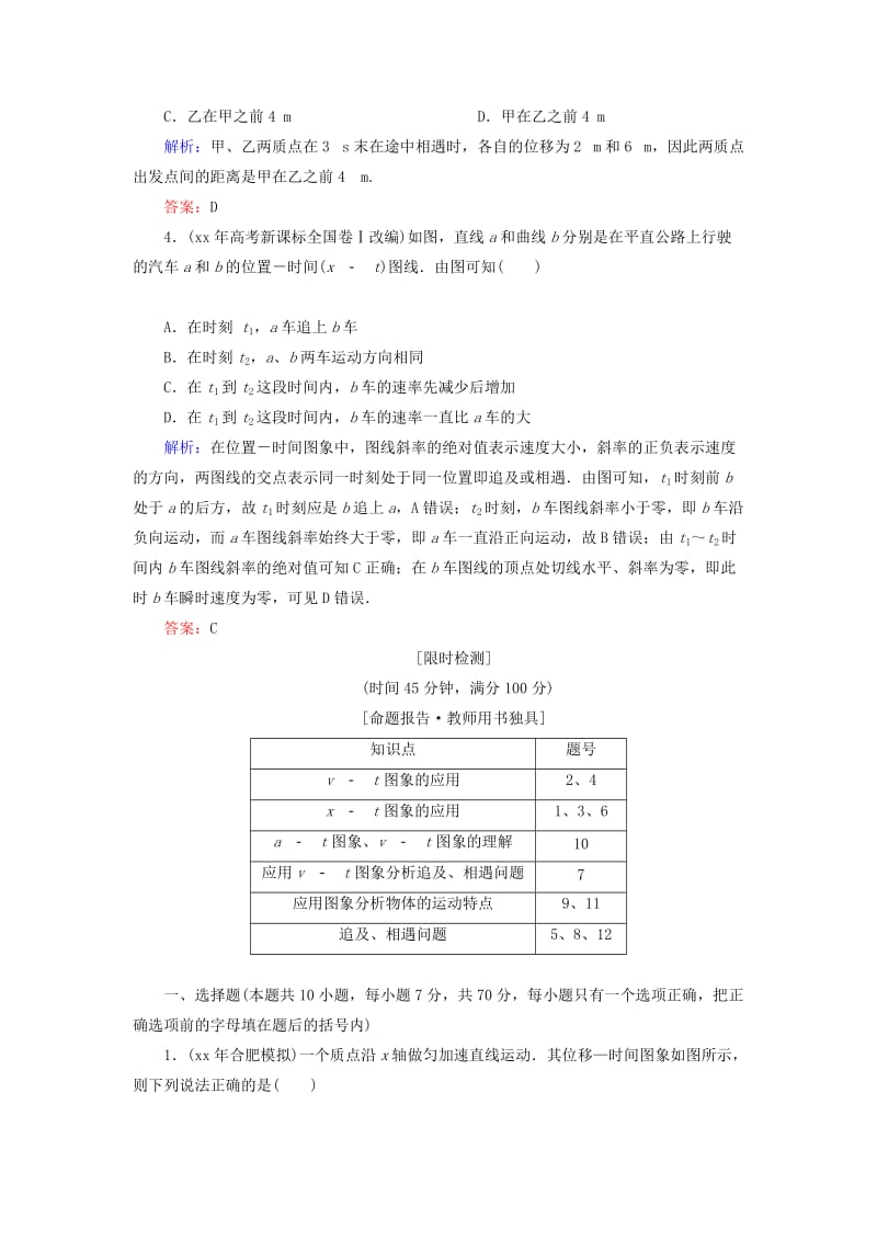 2019-2020年高考物理一轮复习 1.3运动图象 追及和相遇问题知能检测.doc_第2页