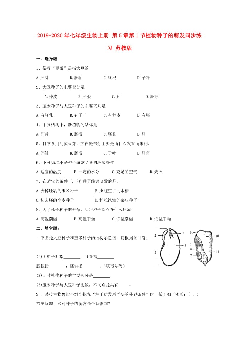 2019-2020年七年级生物上册 第5章第1节植物种子的萌发同步练习 苏教版.doc_第1页