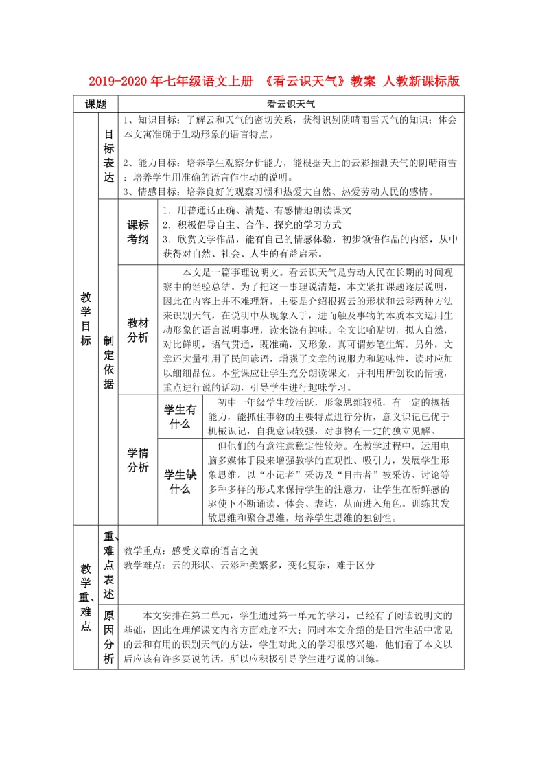 2019-2020年七年级语文上册 《看云识天气》教案 人教新课标版.doc_第1页