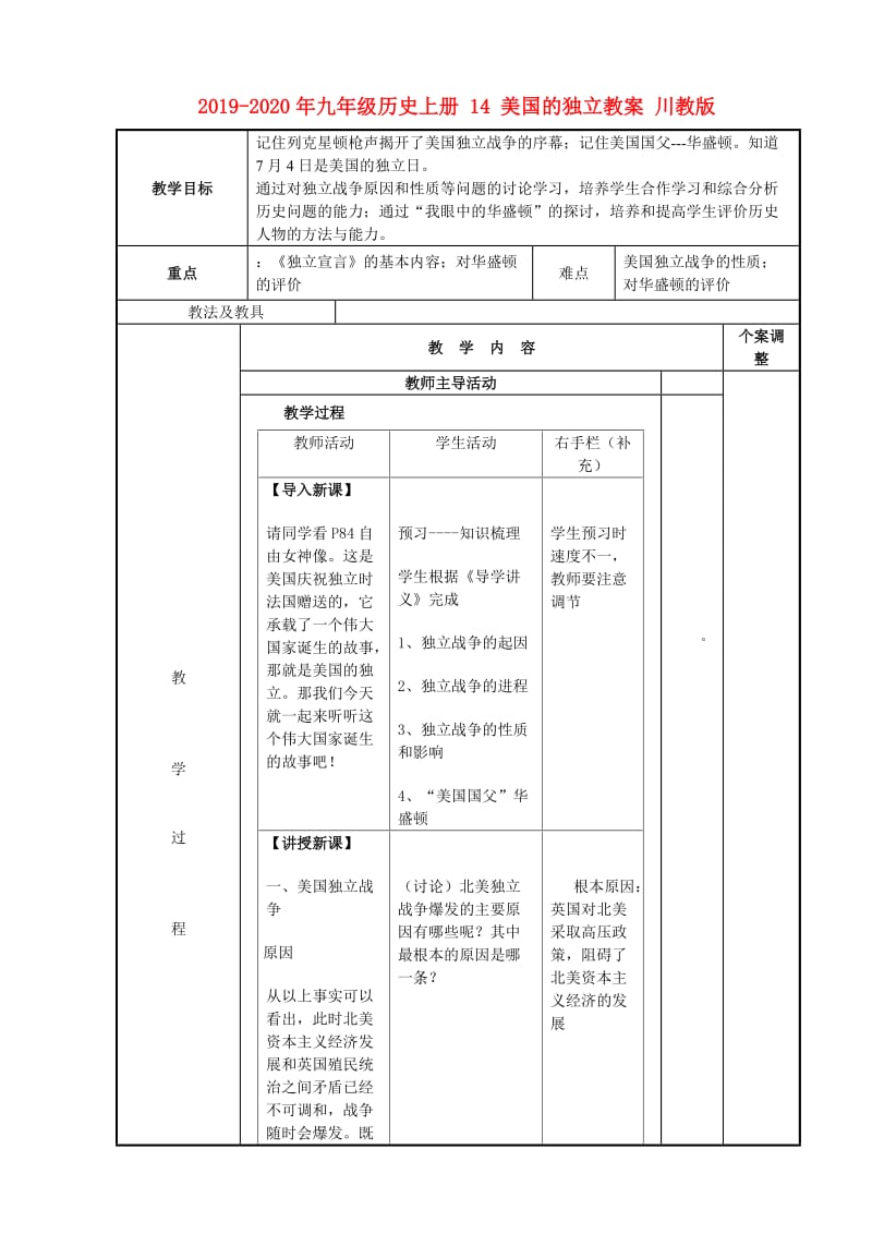 2019-2020年九年级历史上册 14 美国的独立教案 川教版.doc_第1页