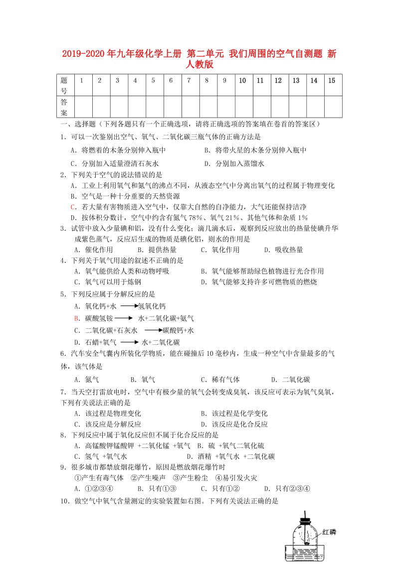 2019-2020年九年级化学上册 第二单元 我们周围的空气自测题 新人教版.doc_第1页