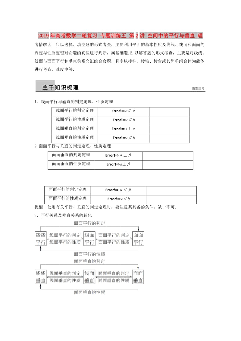 2019年高考数学二轮复习 专题训练五 第2讲 空间中的平行与垂直 理.doc_第1页