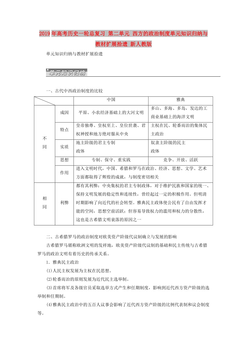 2019年高考历史一轮总复习 第二单元 西方的政治制度单元知识归纳与教材扩展拾遗 新人教版.doc_第1页