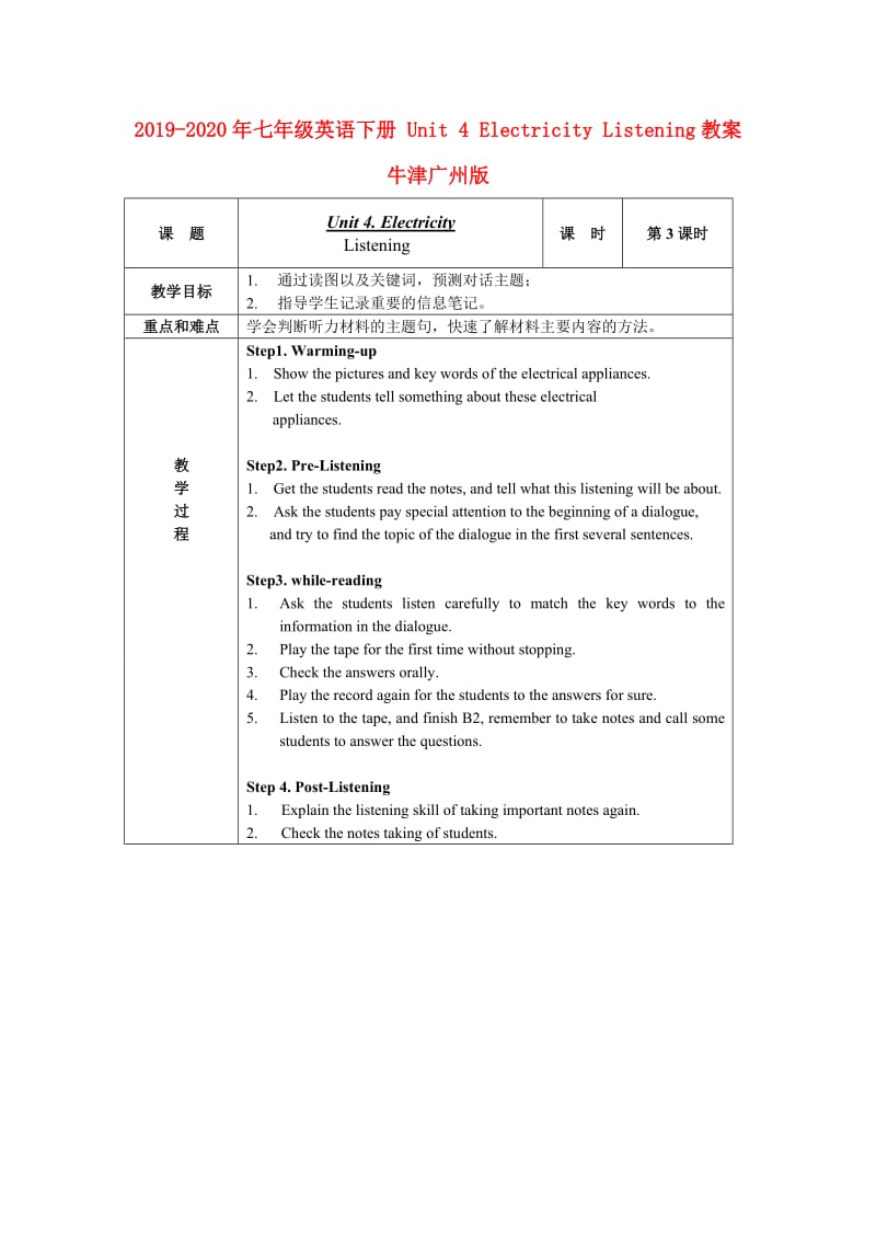 2019-2020年七年级英语下册 Unit 4 Electricity Listening教案 牛津广州版.doc_第1页