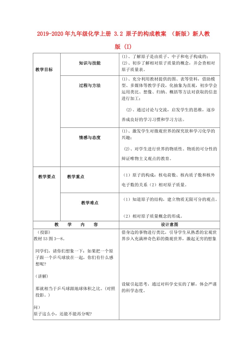 2019-2020年九年级化学上册 3.2 原子的构成教案 （新版）新人教版 (I).doc_第1页