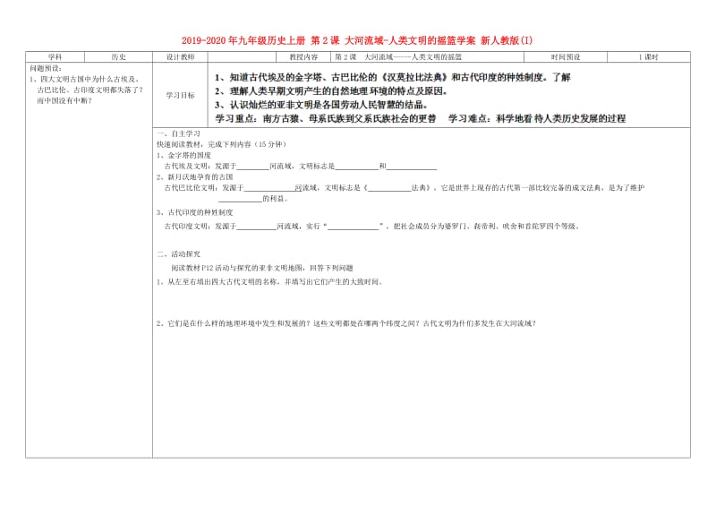 2019-2020年九年级历史上册 第2课 大河流域-人类文明的摇篮学案 新人教版(I).doc_第1页