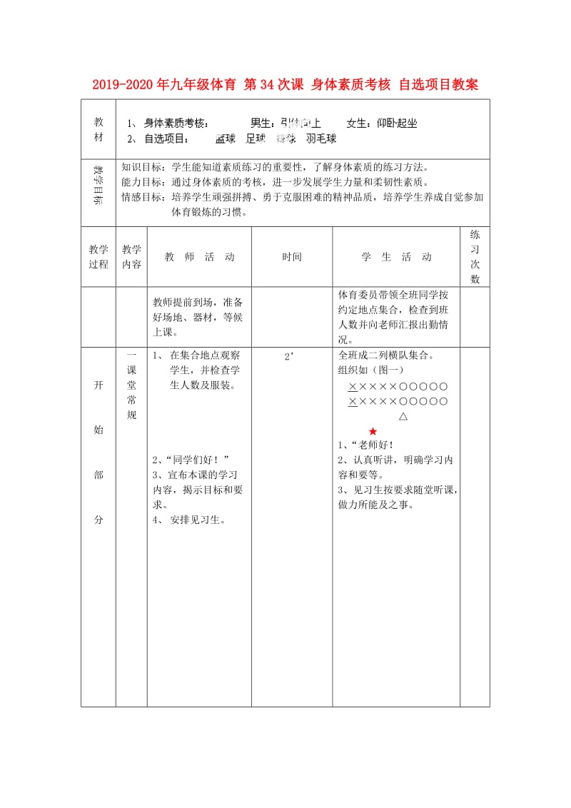 2019-2020年九年级体育 第34次课 身体素质考核 自选项目教案.doc_第1页