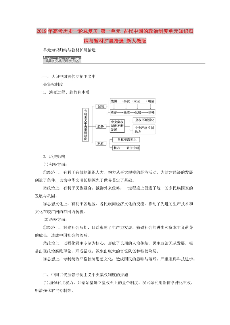 2019年高考历史一轮总复习 第一单元 古代中国的政治制度单元知识归纳与教材扩展拾遗 新人教版.doc_第1页