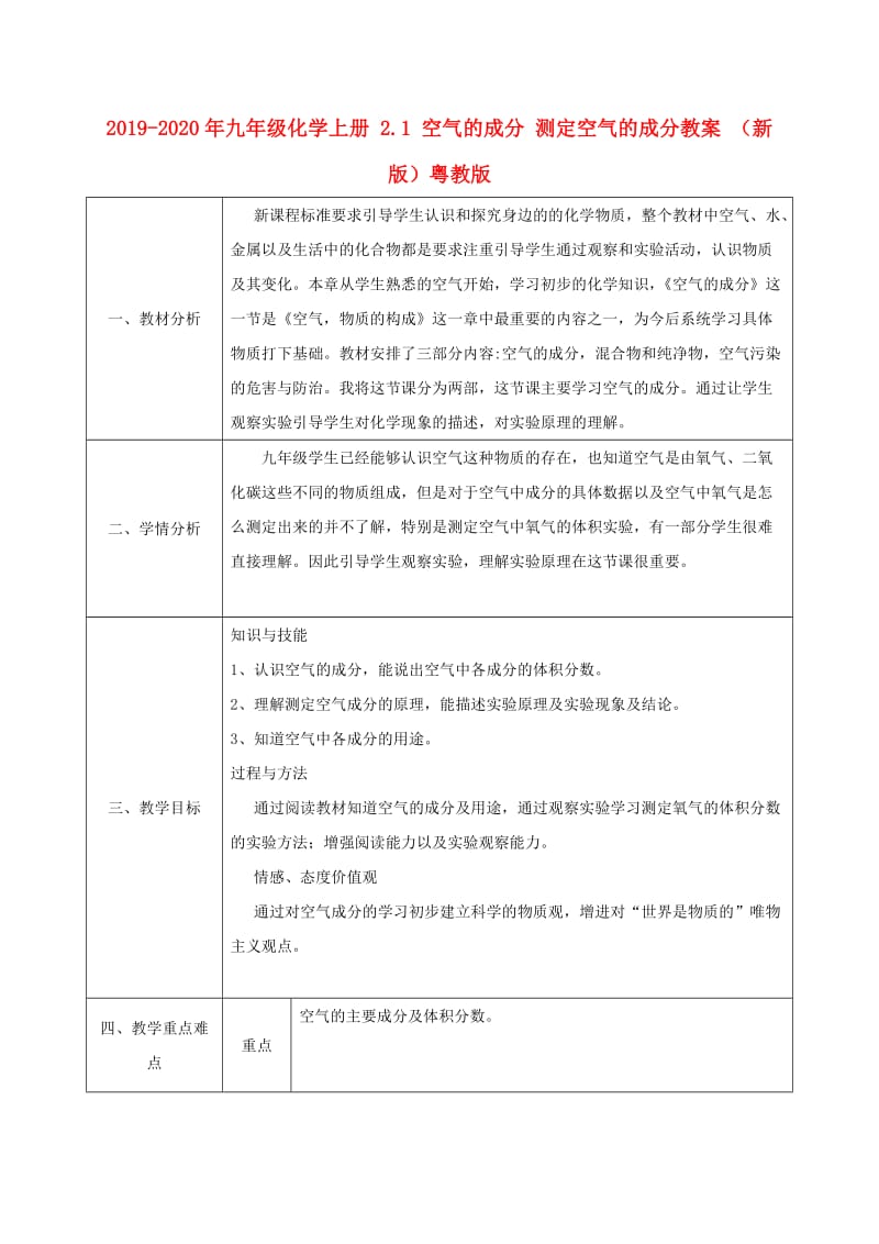 2019-2020年九年级化学上册 2.1 空气的成分 测定空气的成分教案 （新版）粤教版.doc_第1页