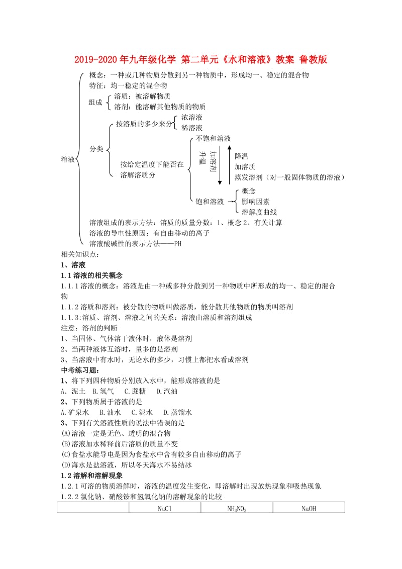 2019-2020年九年级化学 第二单元《水和溶液》教案 鲁教版.doc_第1页