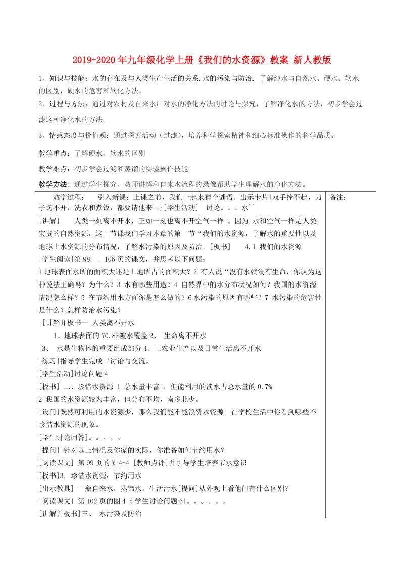 2019-2020年九年级化学上册《我们的水资源》教案 新人教版.doc_第1页