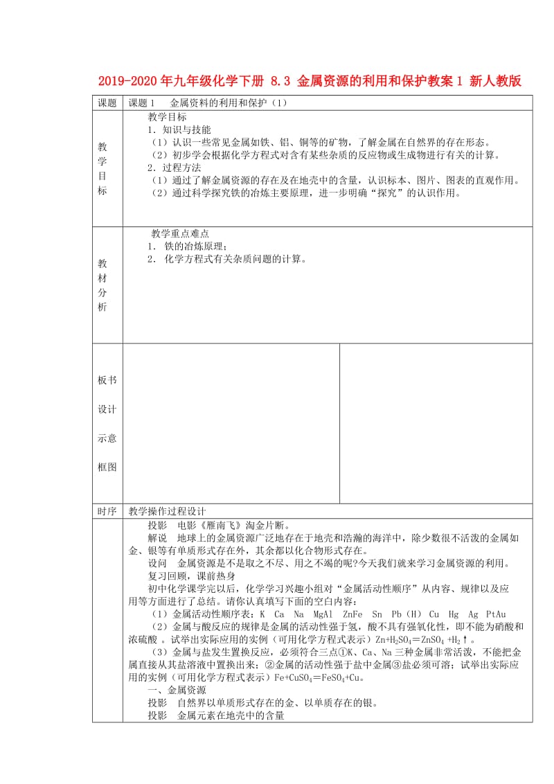 2019-2020年九年级化学下册 8.3 金属资源的利用和保护教案1 新人教版.doc_第1页