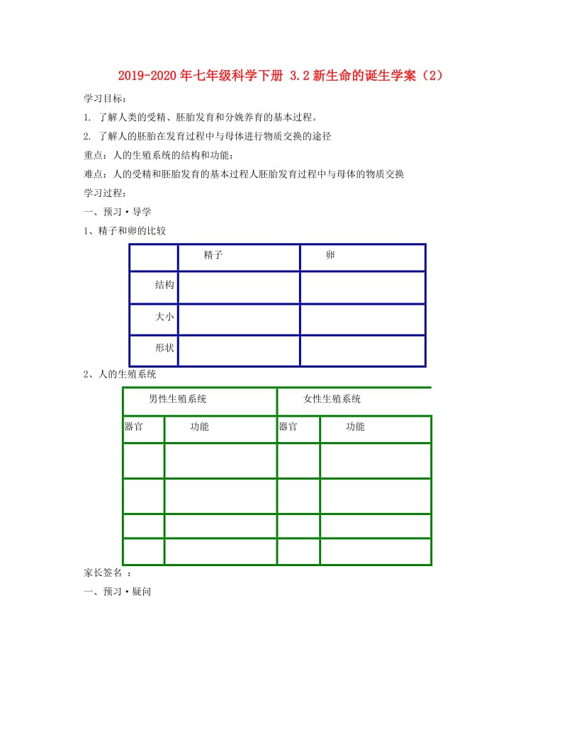 2019-2020年七年级科学下册 3.2新生命的诞生学案（2）.doc_第1页