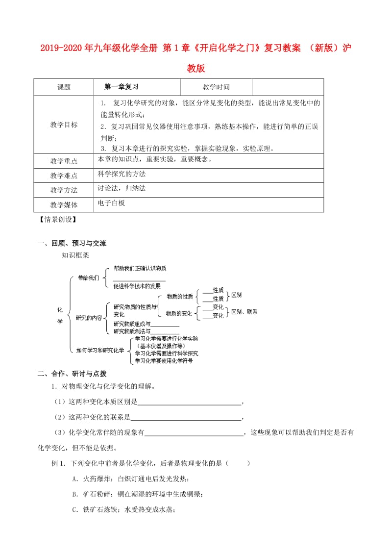 2019-2020年九年级化学全册 第1章《开启化学之门》复习教案 （新版）沪教版.doc_第1页