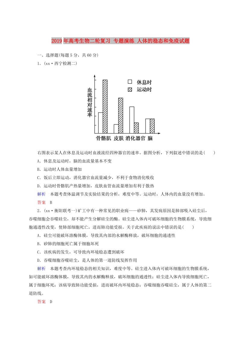 2019年高考生物二轮复习 专题演练 人体的稳态和免疫试题.doc_第1页