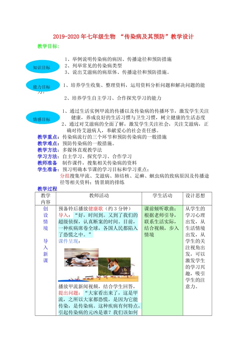 2019-2020年七年级生物 “传染病及其预防”教学设计.doc_第1页