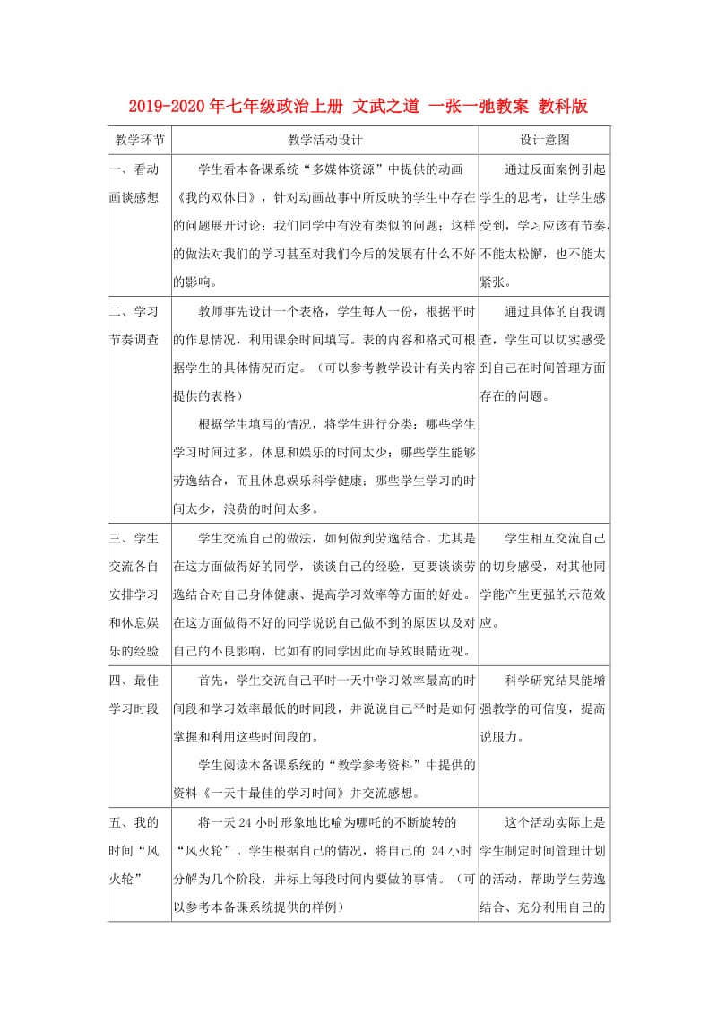 2019-2020年七年级政治上册 文武之道 一张一弛教案 教科版.doc_第1页